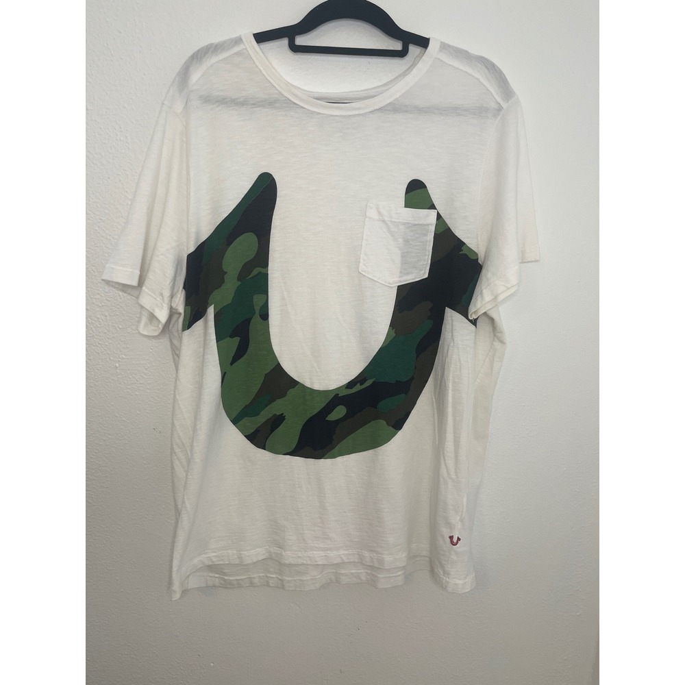 True Religion White T-Shirt XXXL Camo Horseshoe Logo Short Sleeve Pocket